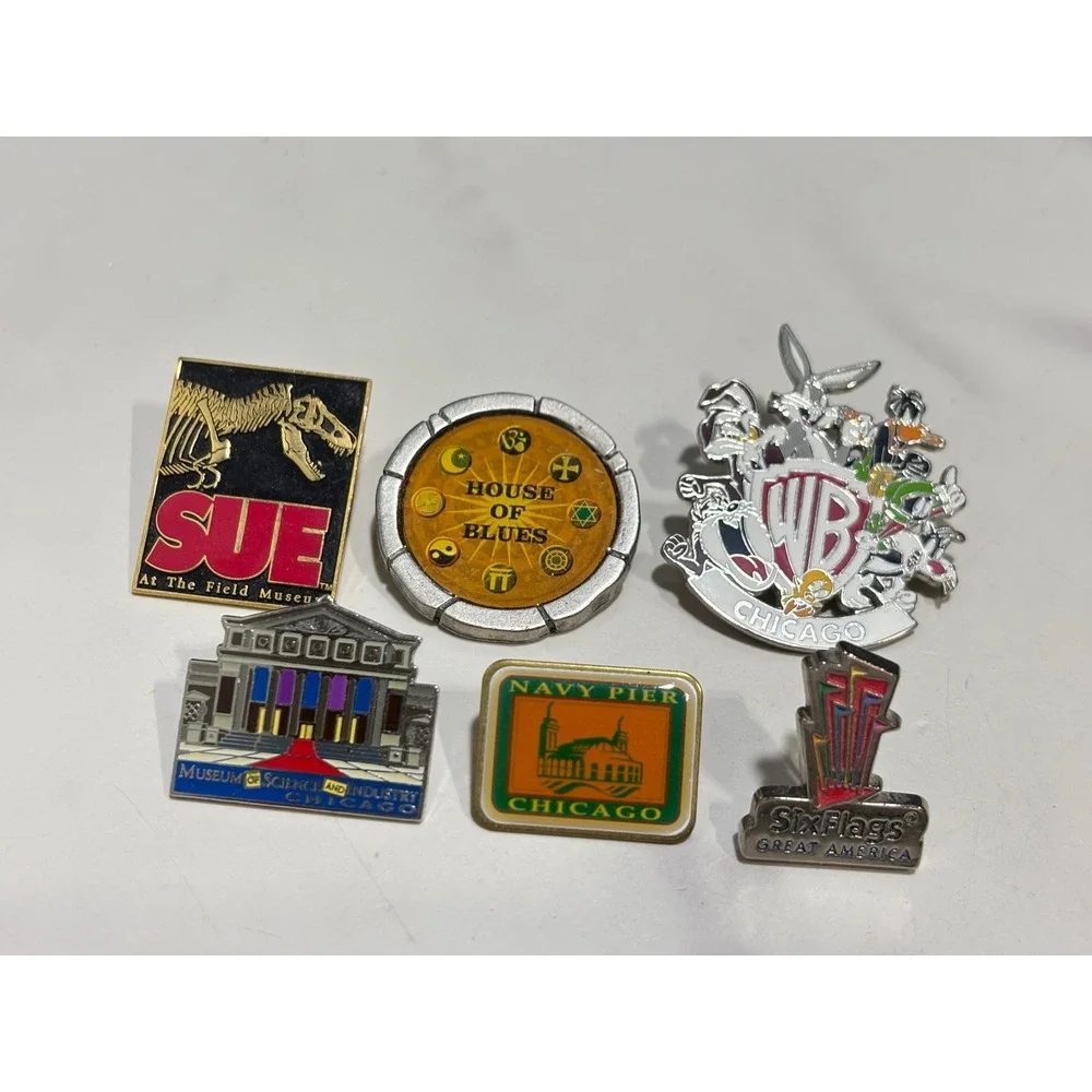 Vintage Chicago Souvenir Pin Lot Field Museum Sue House of Blues Six Flags WB